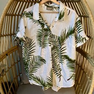 Linen Tunic 1X Denim&Co White Green Tropical Palm Print Christmas Vacation!